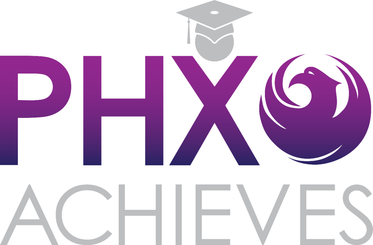 The text "PHX Achieves" with a graduation cap on top.