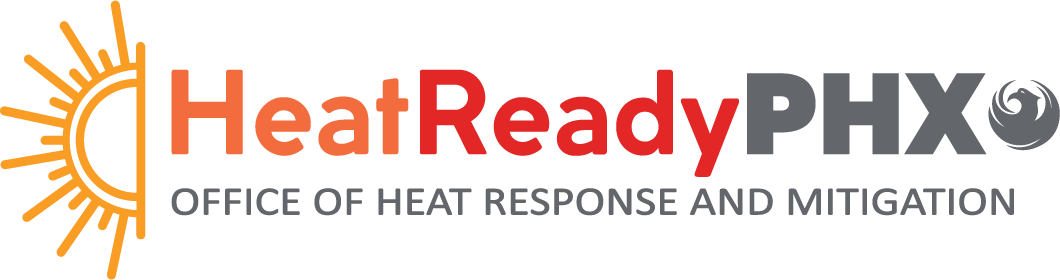 The yellow, orange, and red logo for the Office of Heat Response and Mitigation with text that reads "Heat Ready PHX"