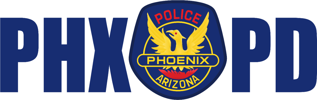 The Phoenix Police Department logo, with a blue, yellow, and red badge in the middle.