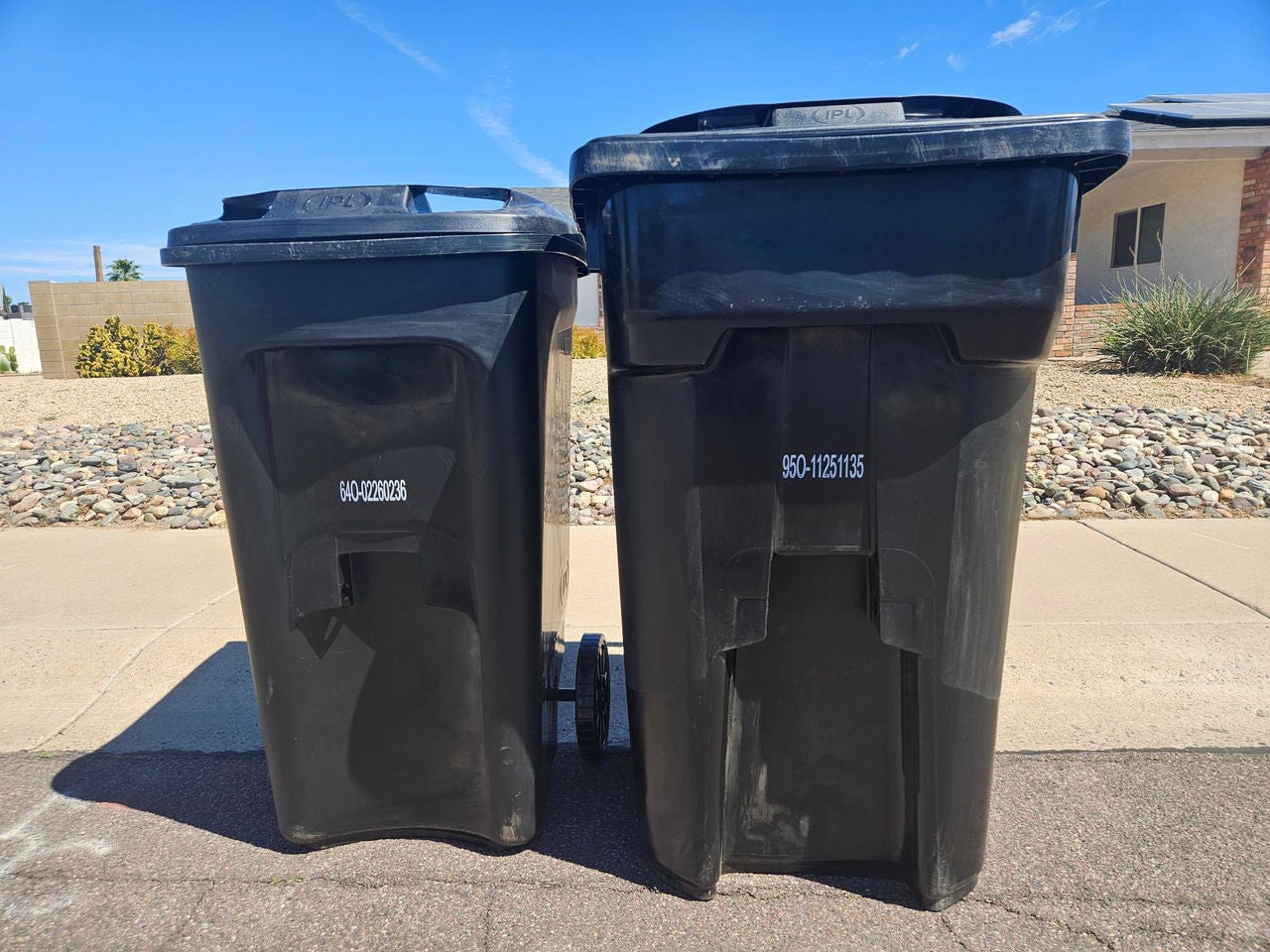 A black, 60-gallon trash containers stands next to a black, 90-gallon trash container at the curb in front of a house..