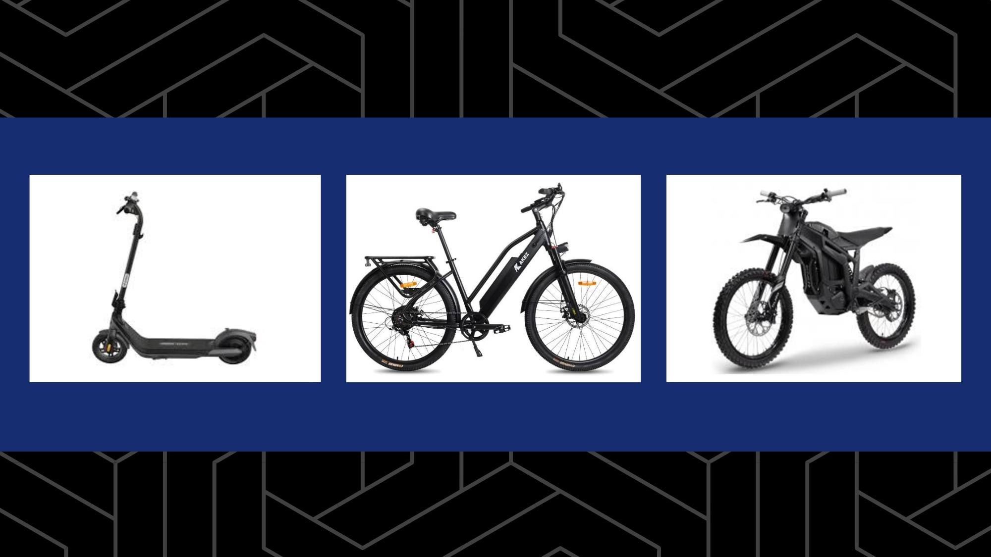 Picture of e-scooter, e-bike and a motor driven cycle