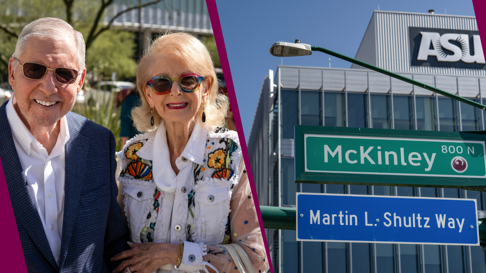Martin L. Shultz poses with his wife on left side of image. On right side of image shows a close-up of the ceremonial sign "Martin L. Schultz Way" mounted underneath the McKinley street sign. 