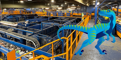 A cartoon dinosaur mascot overlooks the operations inside a materials recovery facility.