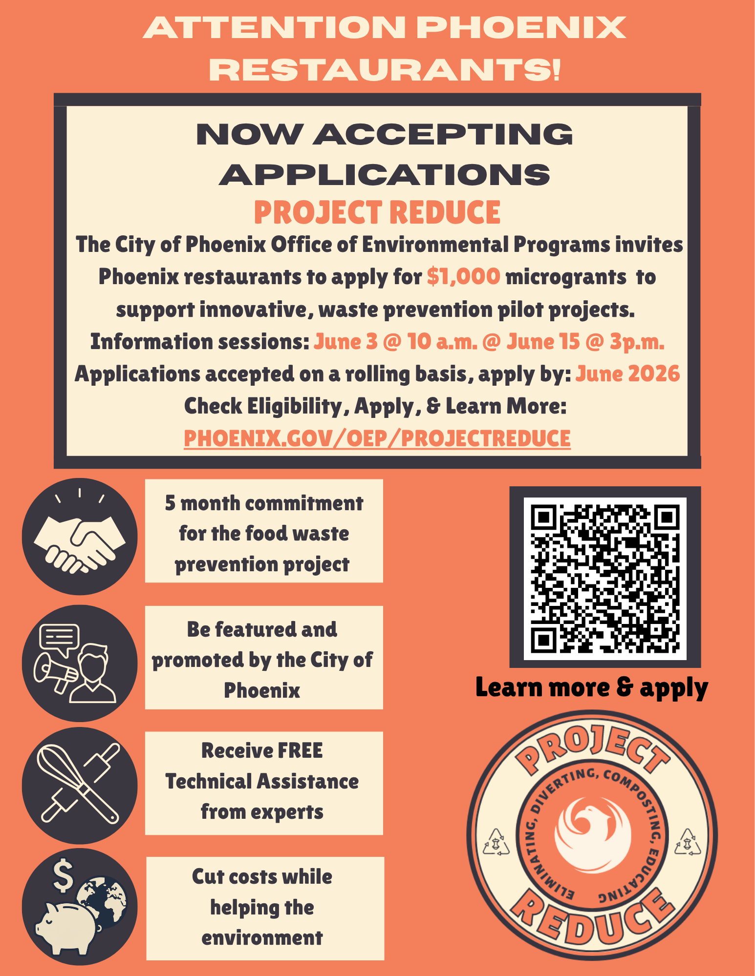 Flyer for Project REDUCE outlining the 5-month commitment, promotion by the City of Phoenix, free technical assistance, and a $1,000 microgrant to implement food waste prevention solutions.