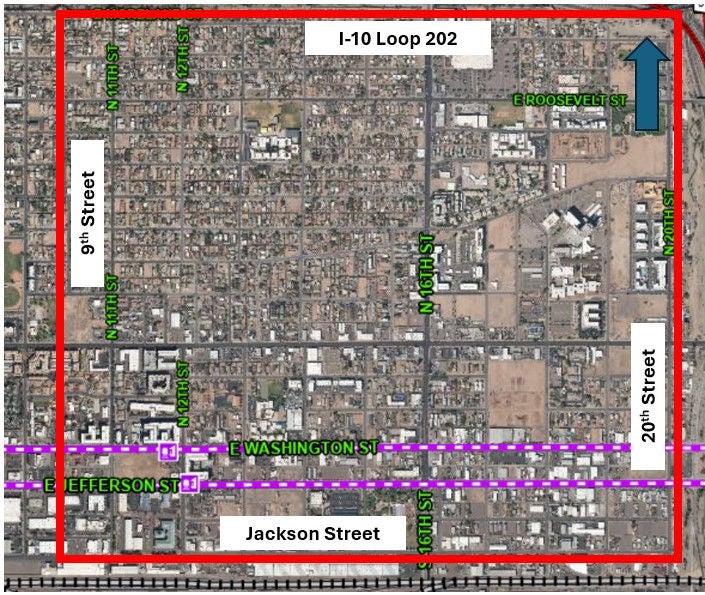 Map of Mobility Area bounded by East Jackson Street north to I-10 and from 9th Street to I-10/Loop202