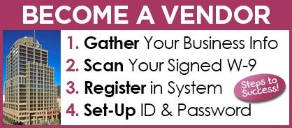 Steps to become a vendor, with text that reads "Become a vendor" and underneath "1. Gather Your Business Info 2. Scan Your Signed W-9 3. Register in System 4. Set-Up ID & Password"