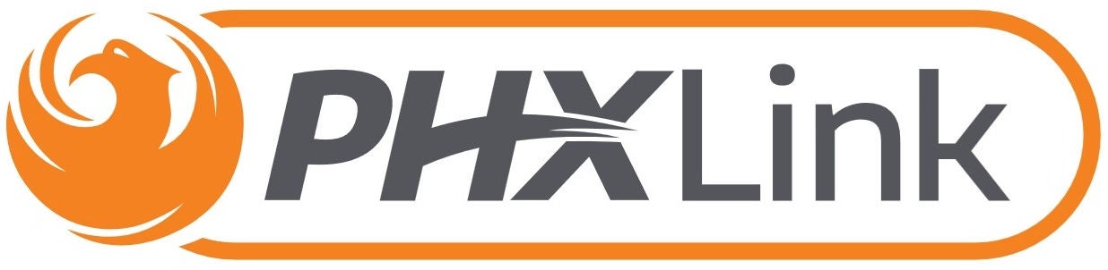 PHXLink logo with orange Phoenix bird and an orange outline.