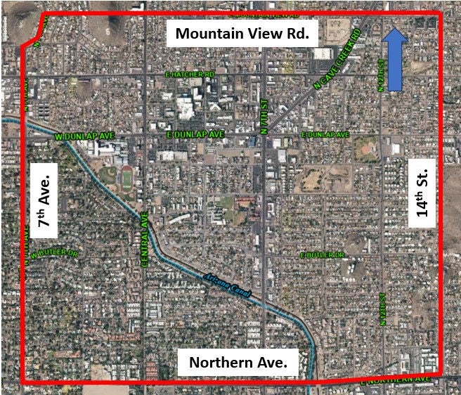 Map of Sunnyslope Neighborhoods - Mountain View to Northern and 14th Street to 7th Avenue