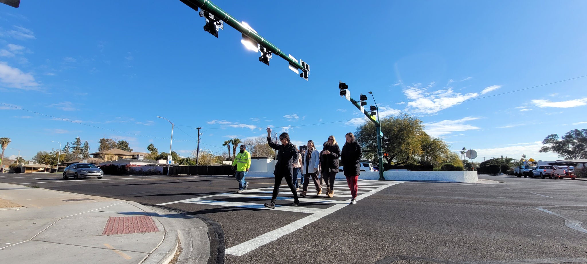 High Intensity Activated CrossWaLk (HAWK) signal activated at 7th Avenue and Colter Street