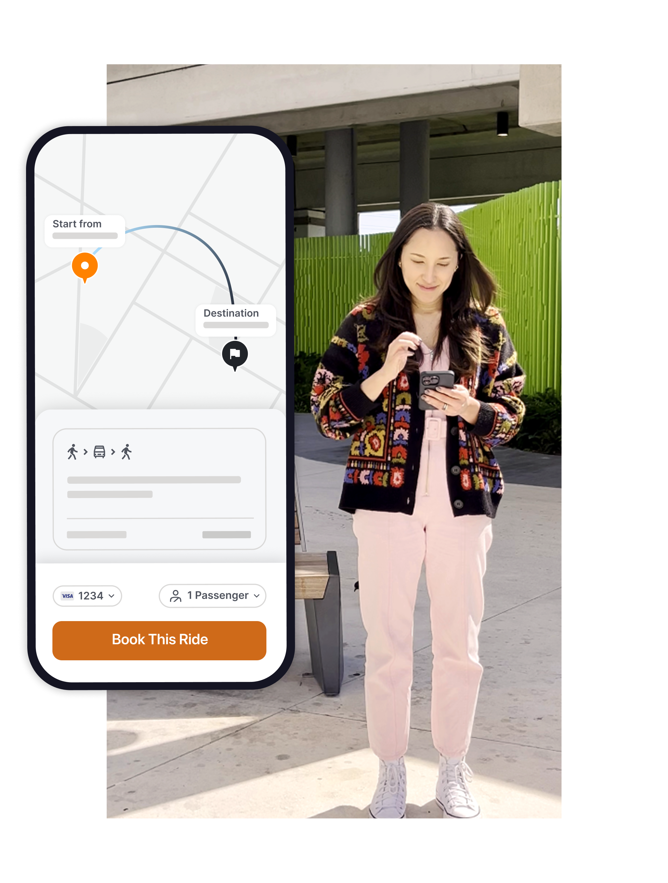 An image of a woman holding a smart phone. Next to her is a graphic of an upclose look at the smart phone being open tot he PHXLink app . at the bottom is says "Book this ride" .
