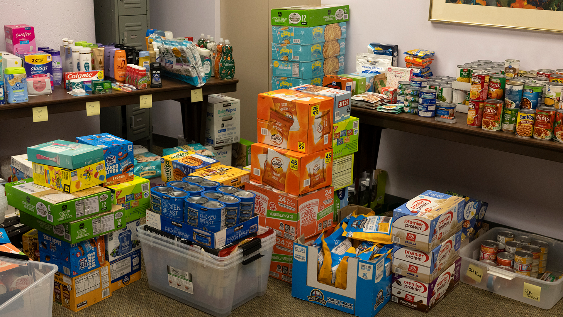 Boxes of donated food and items.