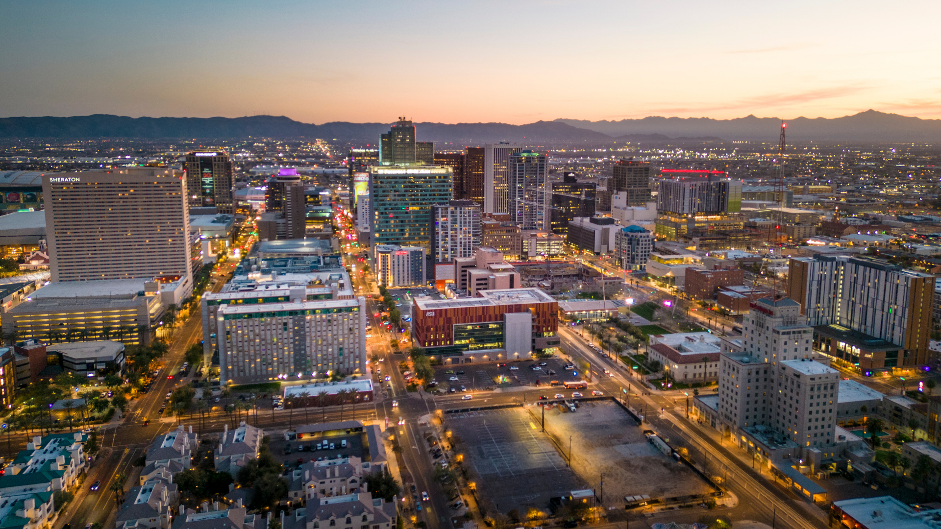 Downtown Phoenix aerial view at dusk. 