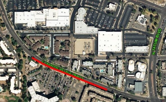 Map showing an area of Paradise Village Parkway between Cactus Road and Tatum Boulevard where on-street parking would be removed to add the buffered bike lanes.
