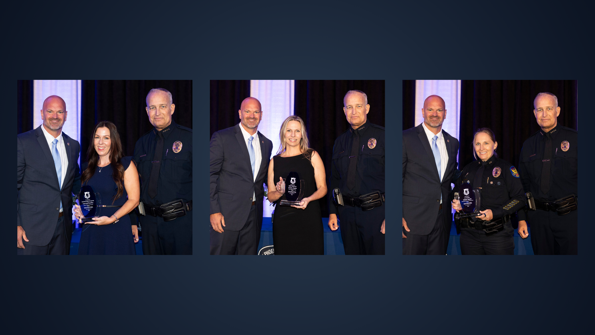 Crystal Rowley, Jessica Davis, and Commander Aimee Smith holding awards they received at the annual women in blue conference