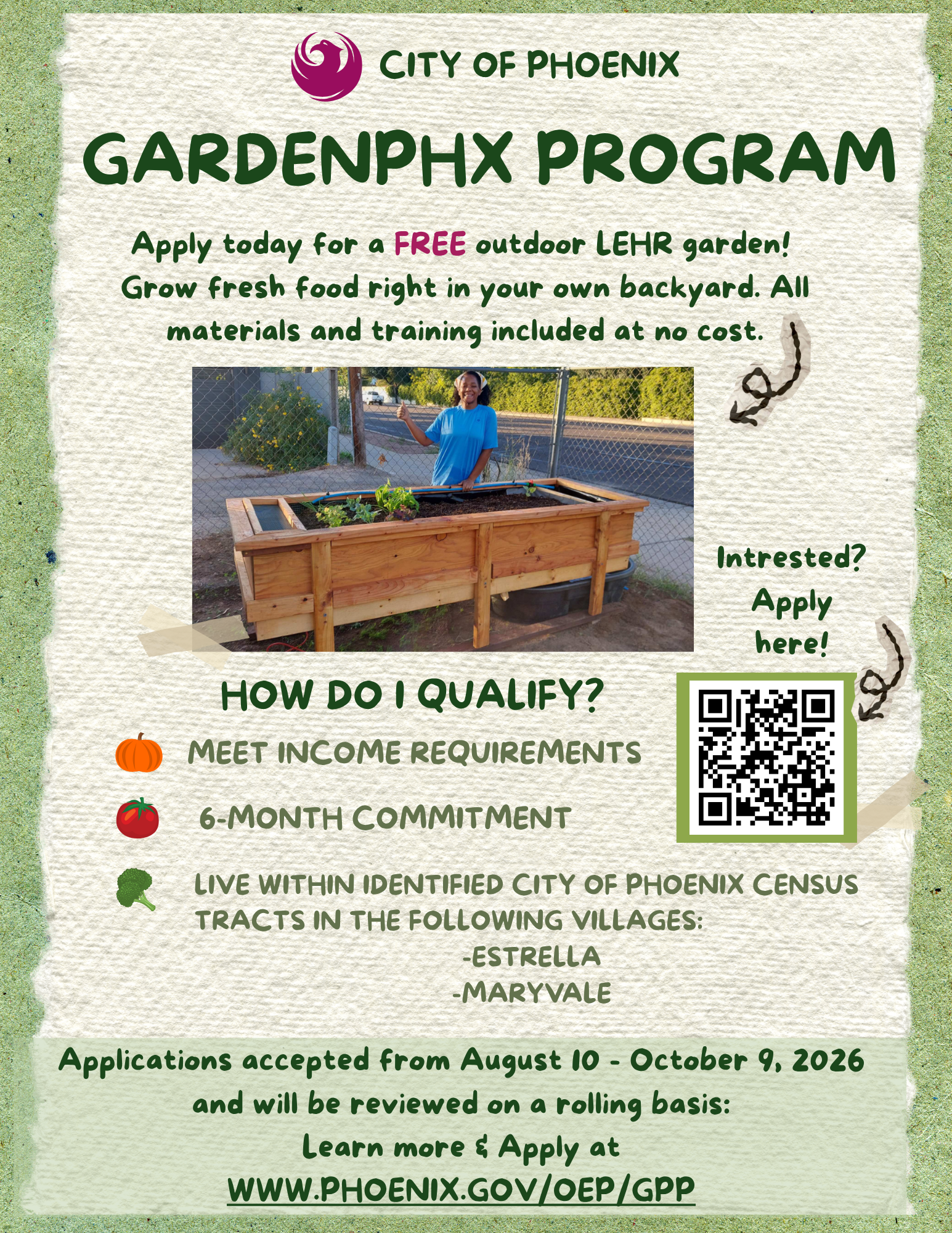 Fall 2026 GardenPHX Flyer for free outdoor LEHR gardens