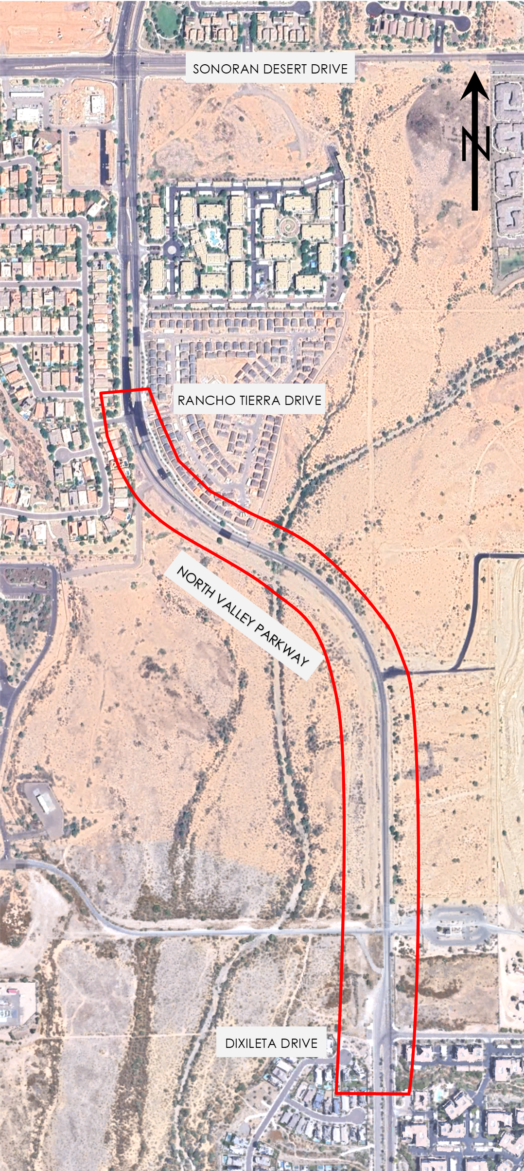 Project area map showing the start of the project a little south of Dixileta and following North Valley Parkway north to Rancho Tierra Drive