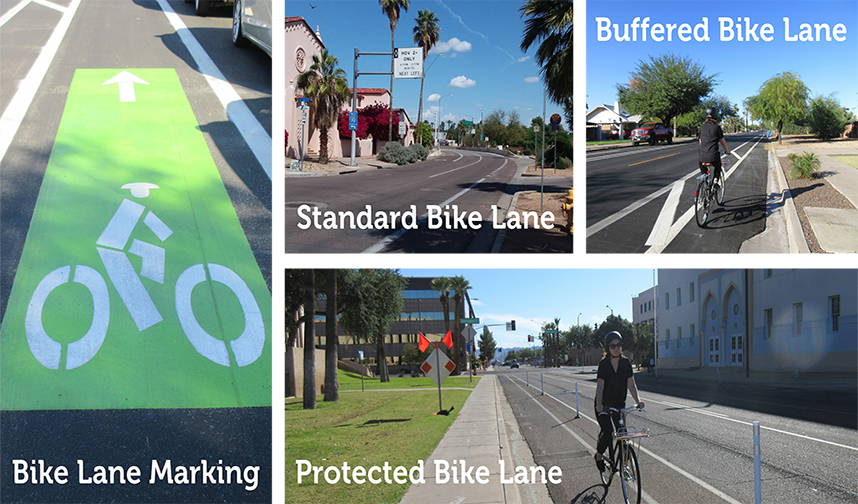 Collage showing bike lane markings, a standard bike lane, a buffered bike lane, and a protected bike lane.