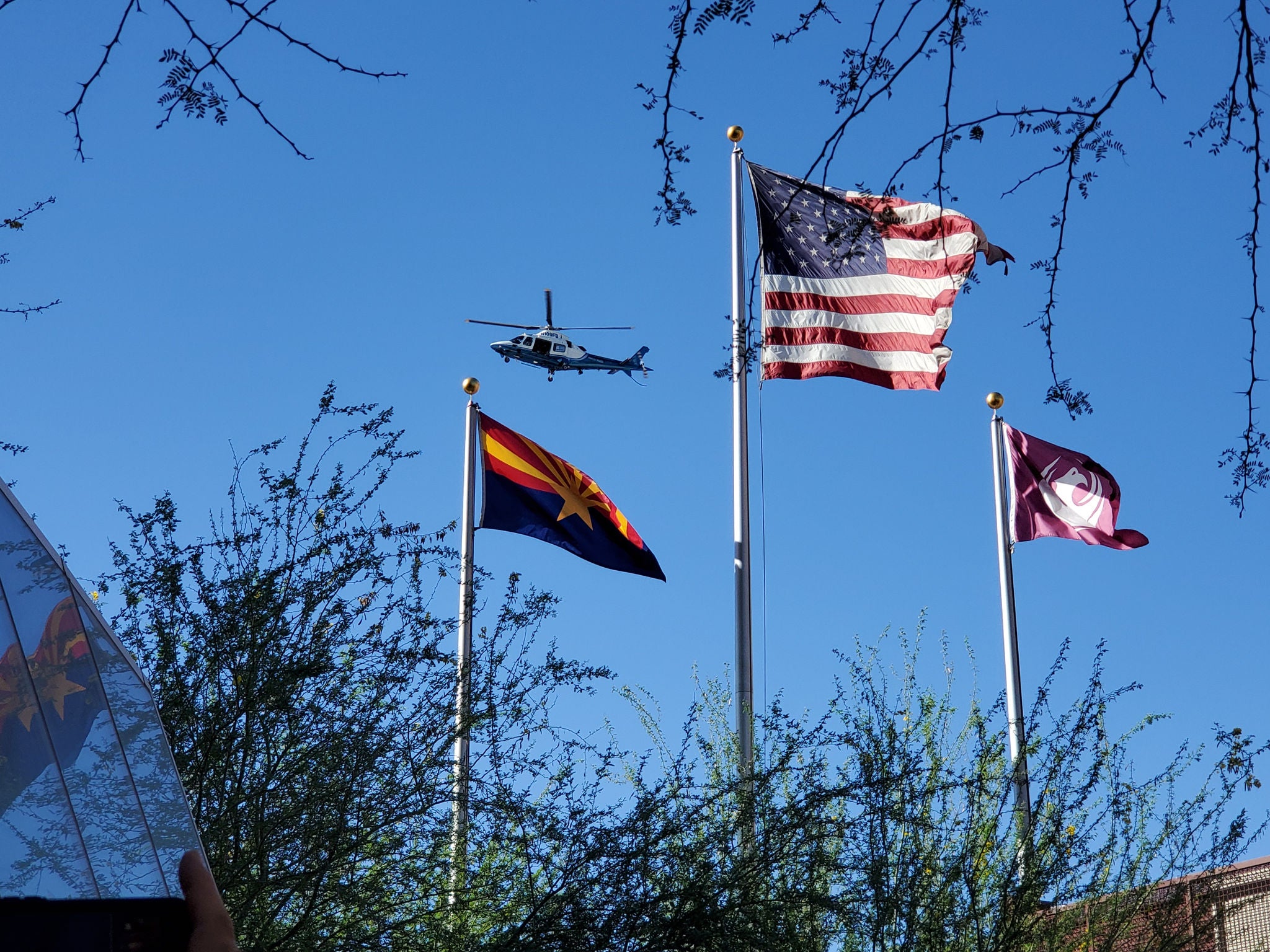 Helicopter near Flags