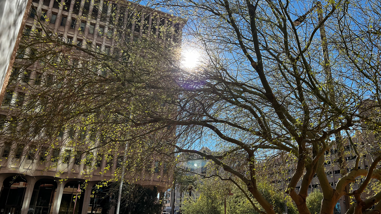 Sun behind Calvin Goode building in downtown Phoenix