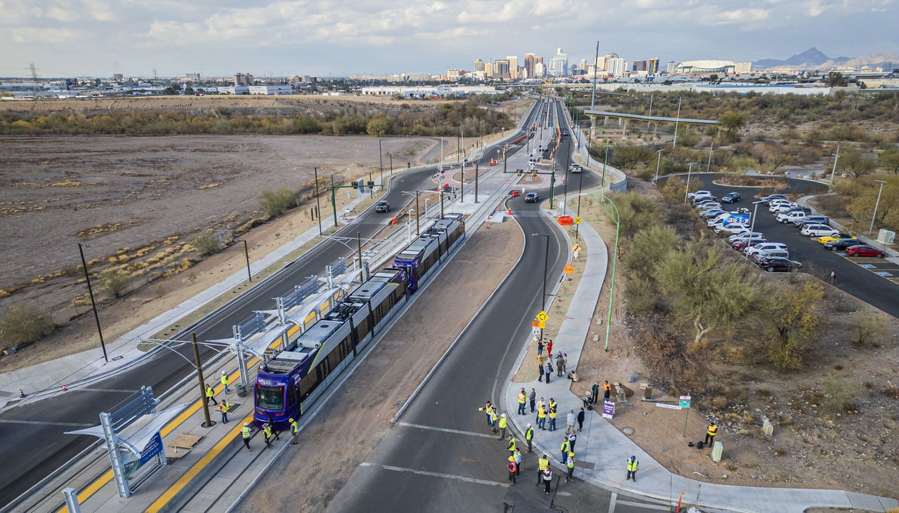 Aerial view of South Central Light Rail extension. 